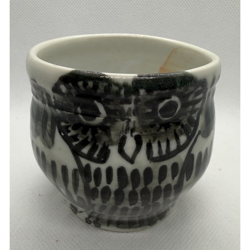 Unique Studio Pottery Black White Owl Round Cup Glaze Artist Signed Marked